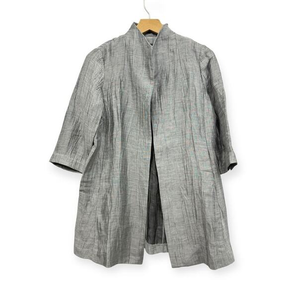 Eileen Fisher Petite Gray Crinkle Linen Open Front Jacket size Small - Picture 2 of 8